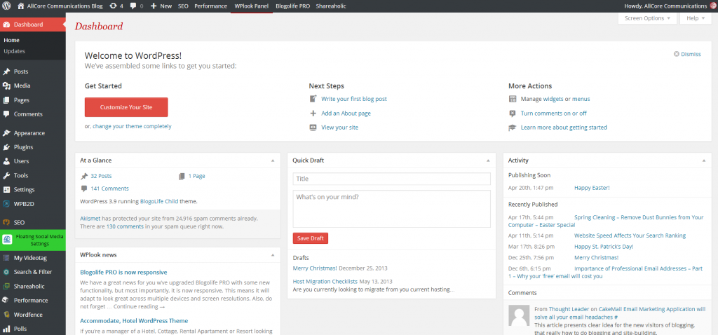 WordPress Account Dashboard